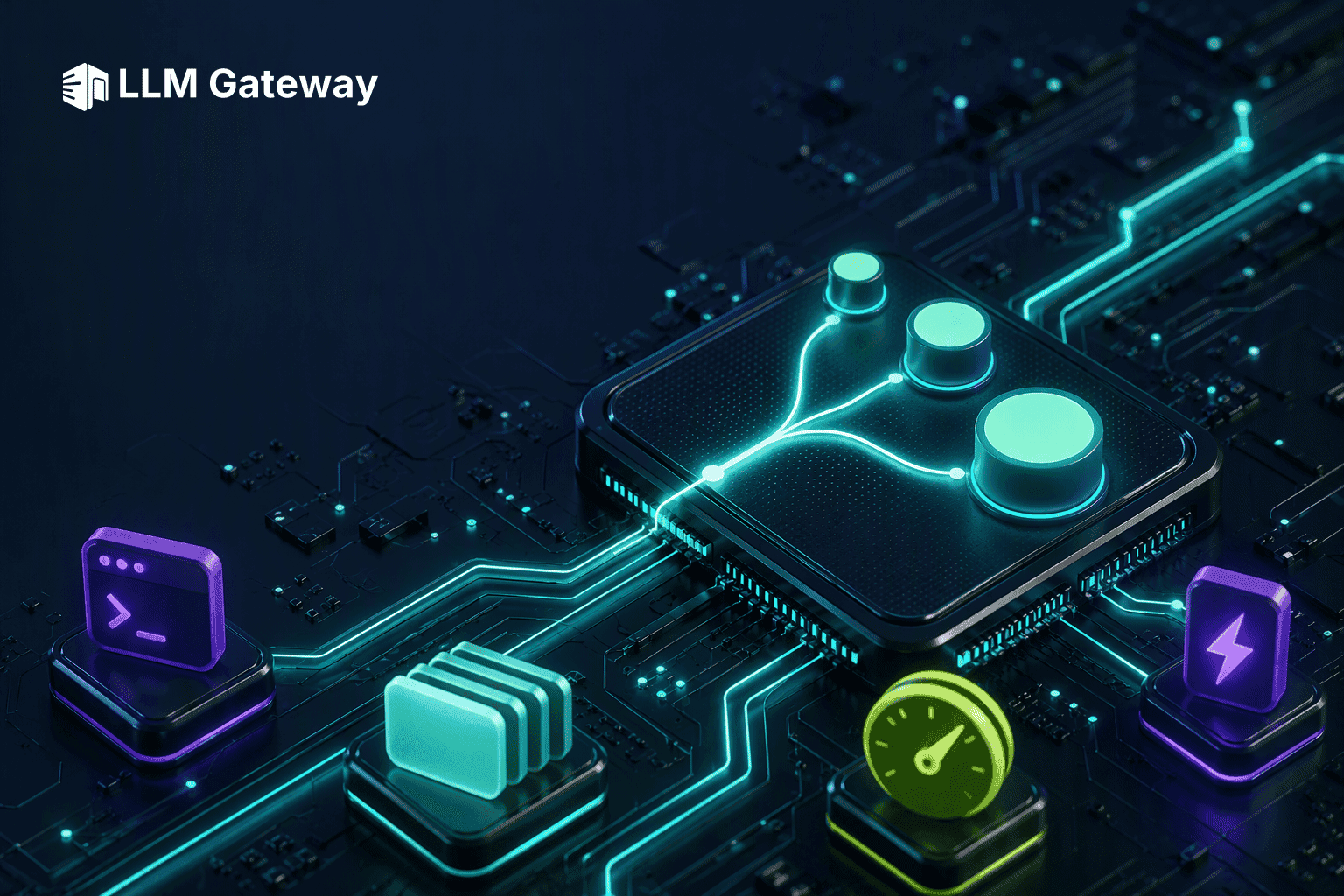 A beam of light on a central chip splitting into three paths toward small, medium and large pedestals, surrounded by a terminal, stacked tabs, a gauge and a lightning bolt, representing the DevPass Code Smart Router picking a model tier