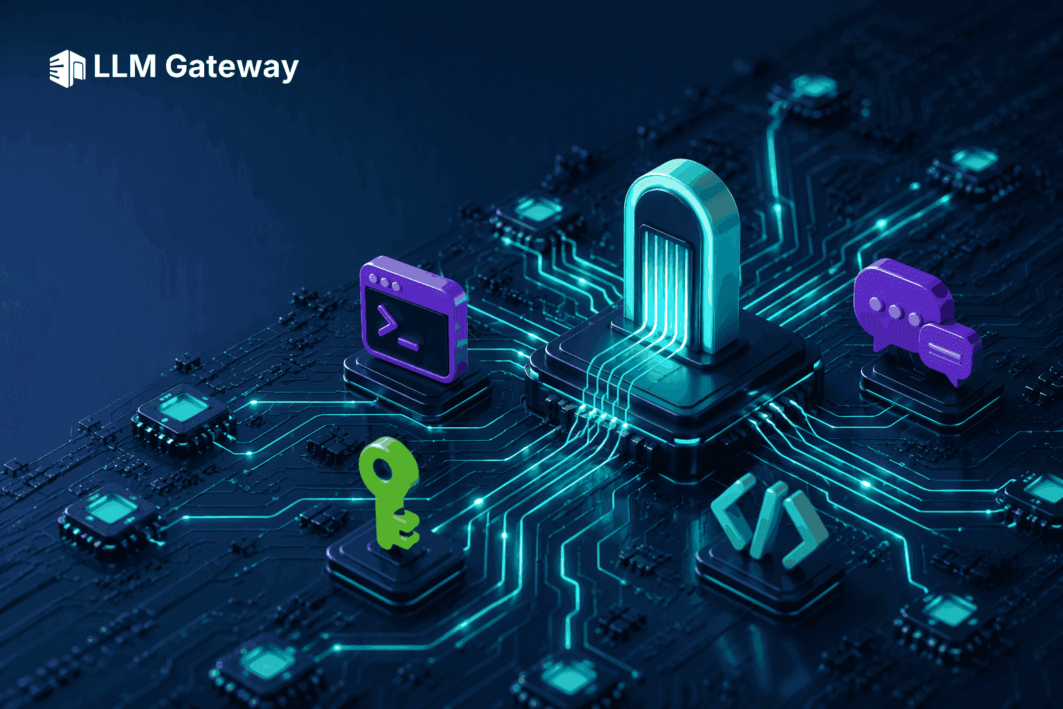 A glowing doorway-shaped connector on the central chip of a dark circuit board, with light traces from many small provider chips converging into it, surrounded by terminal, chat bubble, key and code-bracket icons, representing one LLM API endpoint for many models