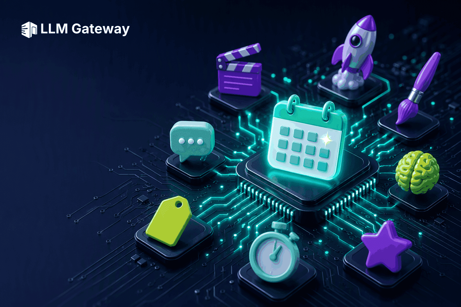 A glowing calendar page with a sparkle on the central chip of a dark circuit board, surrounded by rocket, film clapperboard, paintbrush, chat bubble, brain, price tag, stopwatch and star icons, representing the new AI models released this week