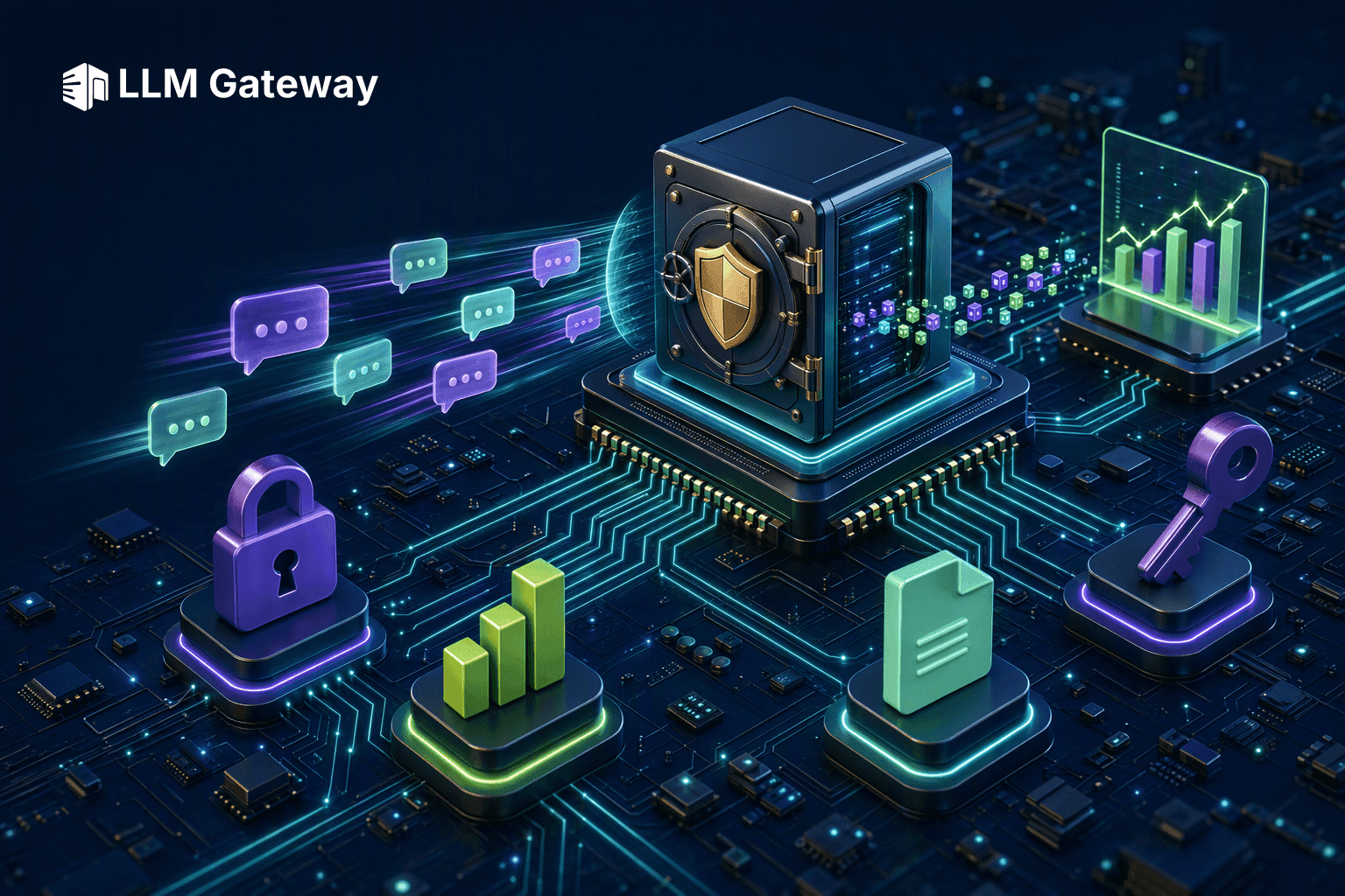 A glowing enterprise data vault on a circuit board with chat bubbles streaming past it and a thin metadata ribbon feeding an analytics chart