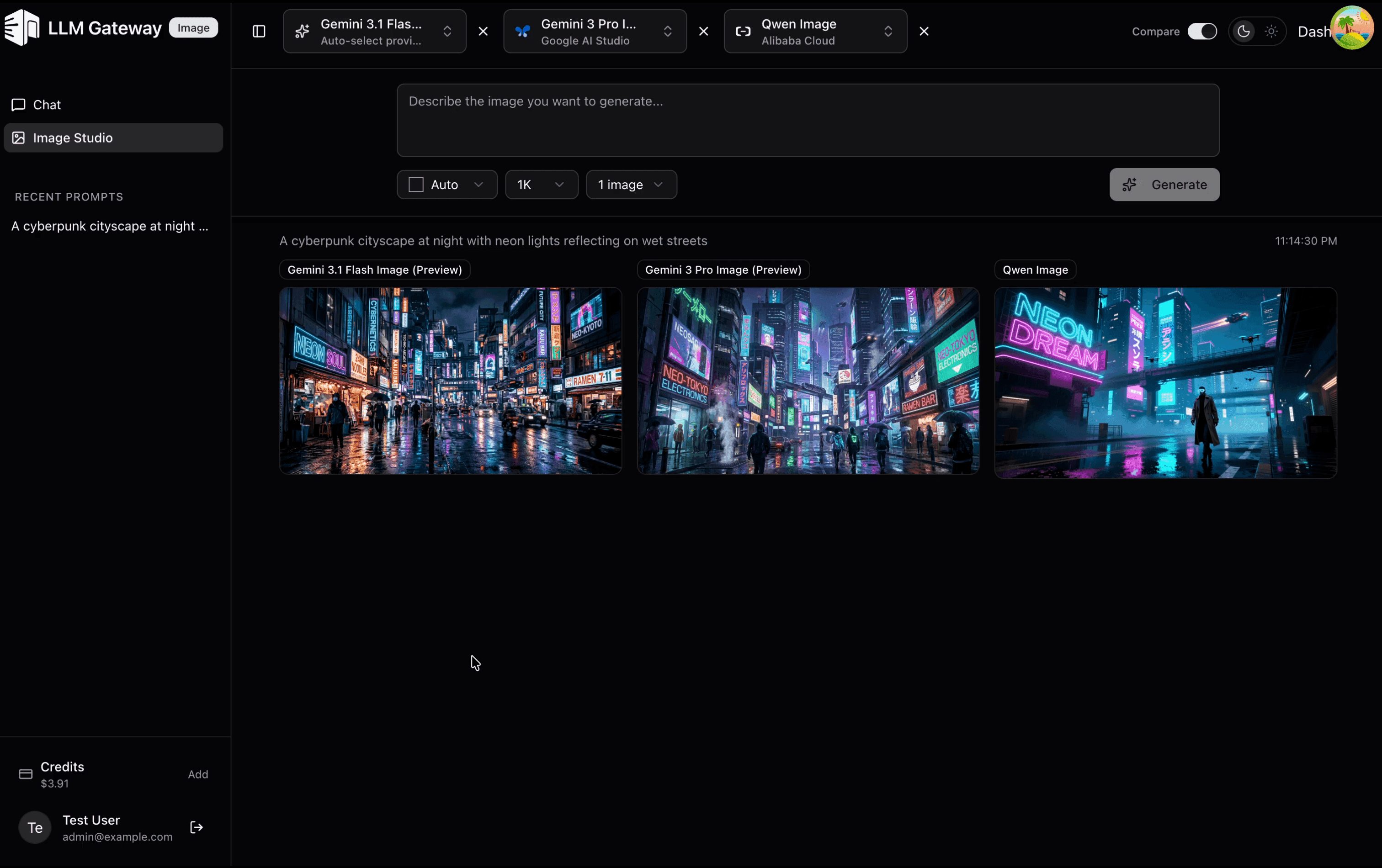 Image Studio in the Playground comparing generations across Gemini 3.1 Flash Image, Gemini 3 Pro Image, and Qwen Image side by side