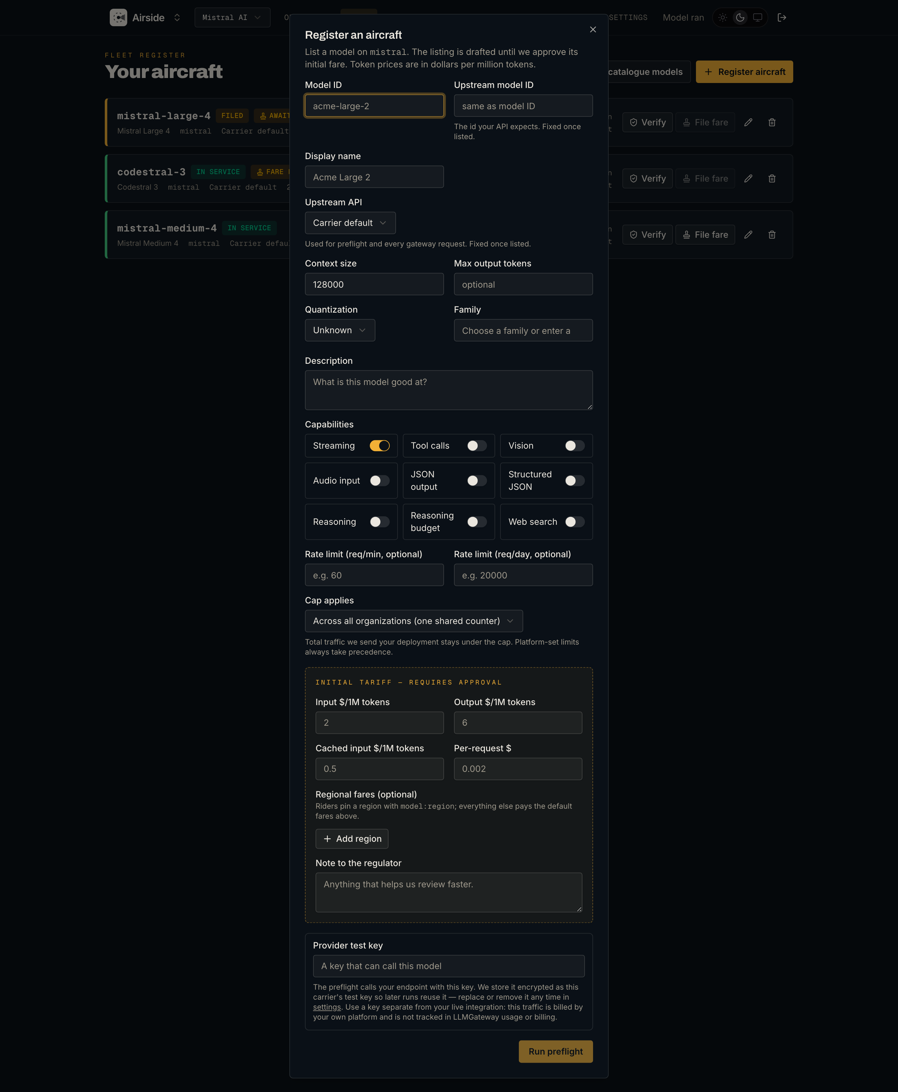 Registering a model with capability flags, upstream API, and preflight verification