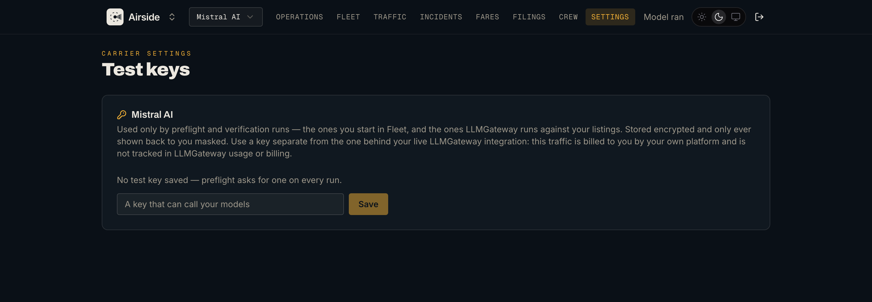 Carrier settings with the saved preflight test key